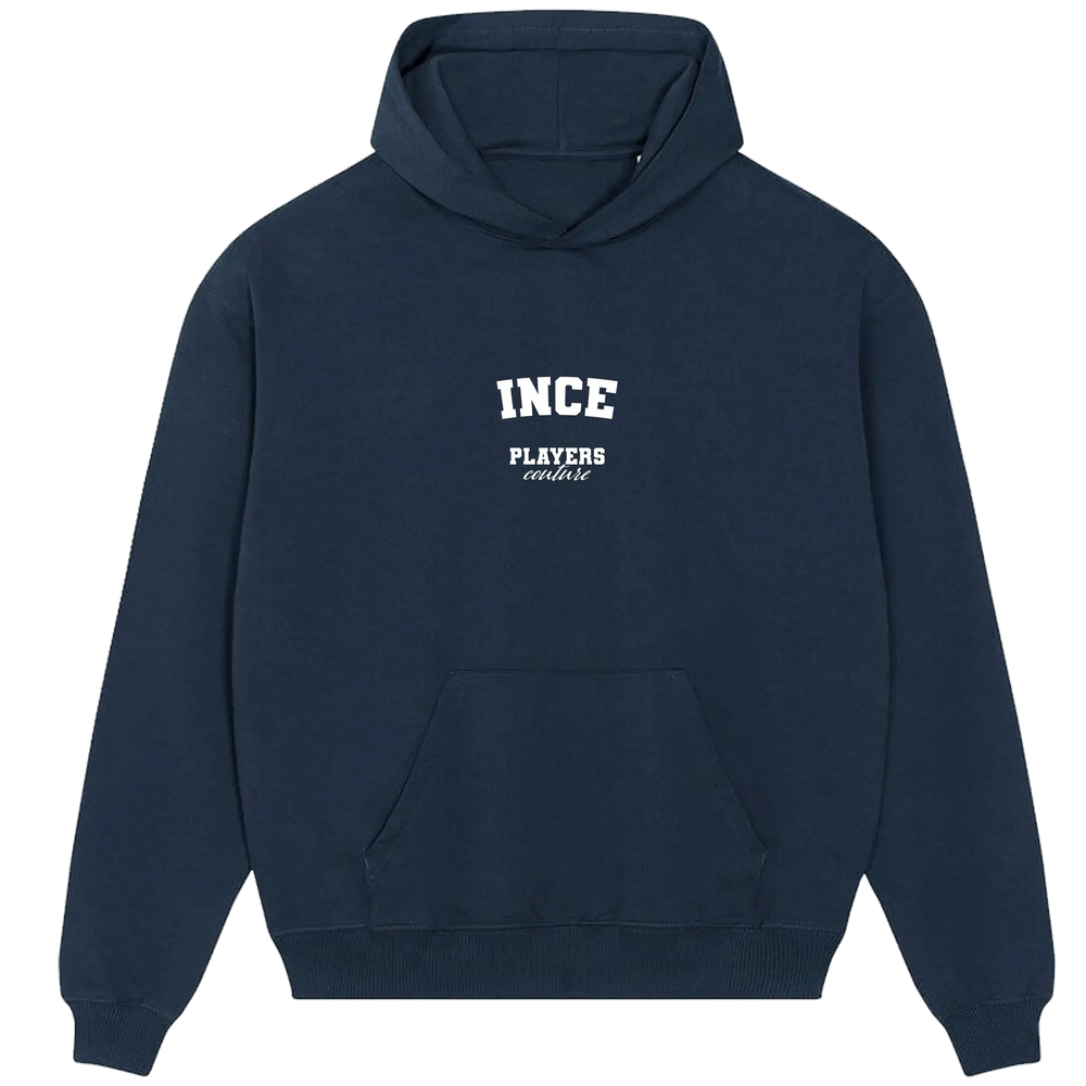 Navy blue Players Couture men's casual hoodie with INCE logo and front pocket