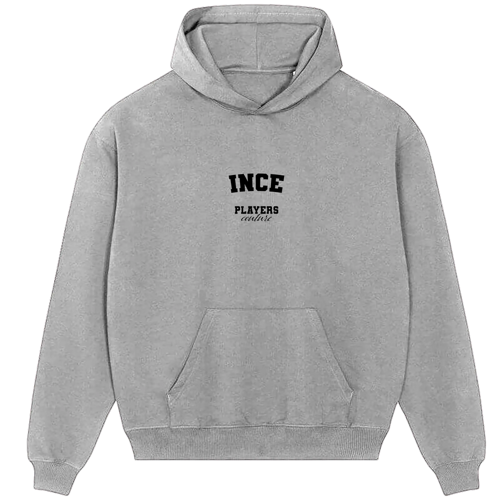 Gray Players Couture men's hoodie with INCE logo and front kangaroo pocket