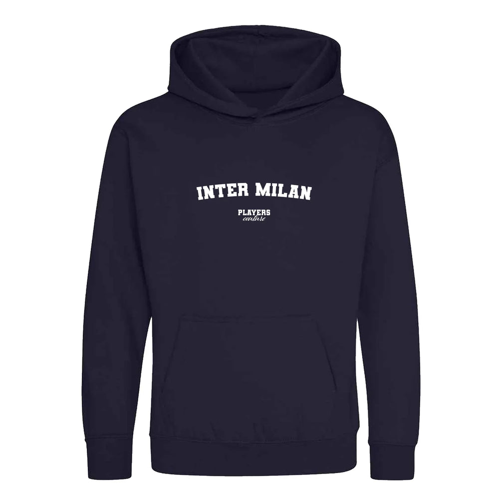 Inter Milan hoodie – navy kids' hoodie with white Inter Milan letters and Players Couture logo on the chest
