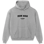 Iron Man hoodie – grey men's hoodie with black Iron Man letters and Players Couture logo on the chest