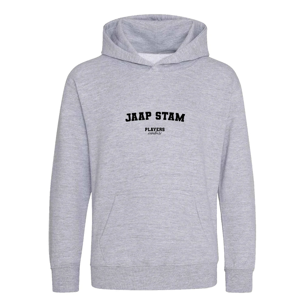 Jaap Stam hoodie – grey kids' hoodie with black Jaap Stam letters and Players Couture logo on the chest