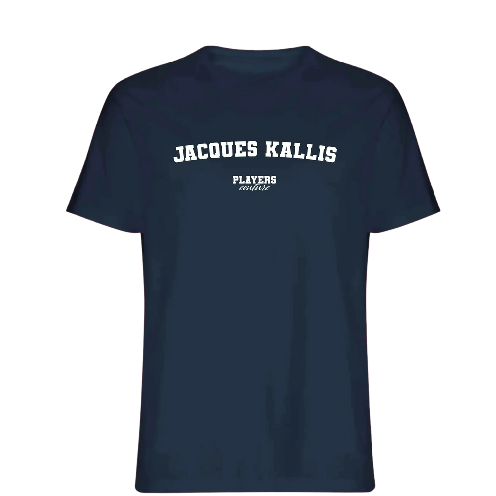 Jacques Kallis t-shirt – navy men's t-shirt with white Jacques Kallis letters and Players Couture logo on the chest