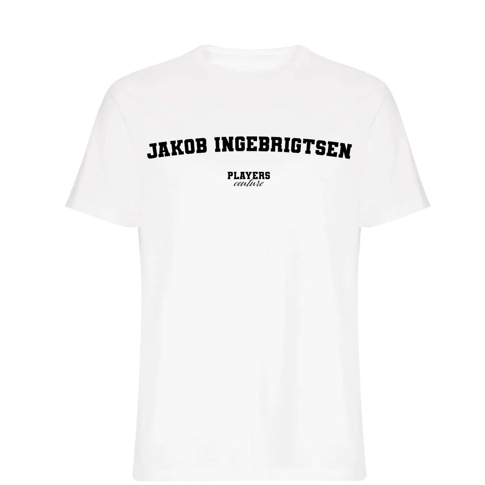 Jakob Ingebrigtsen men's T-shirt in white with bold name lettering