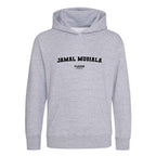 Jamal Musiala hoodie – grey kids' hoodie with black Jamal Musiala letters and Players Couture logo on the chest