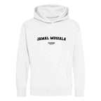 Jamal Musiala hoodie – white kids' hoodie with black Jamal Musiala letters and Players Couture logo on the chest