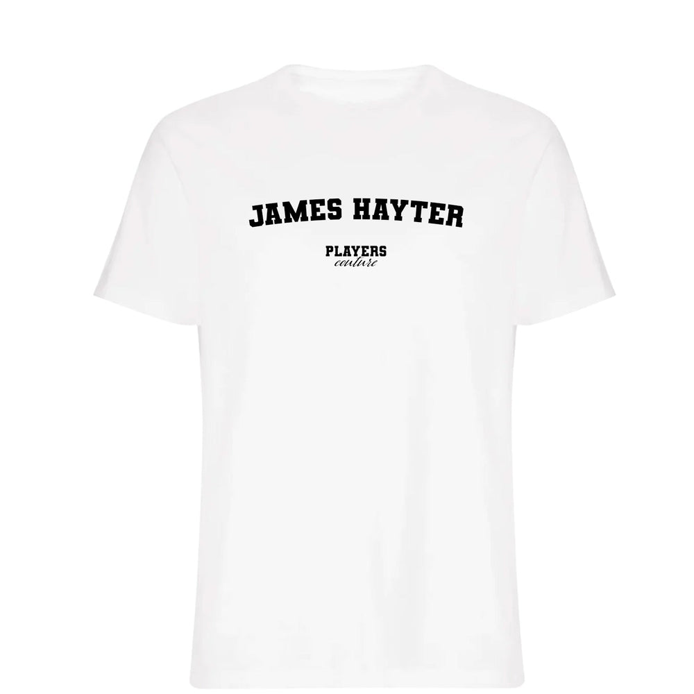 James Hayter men's T-shirt in white with bold name lettering