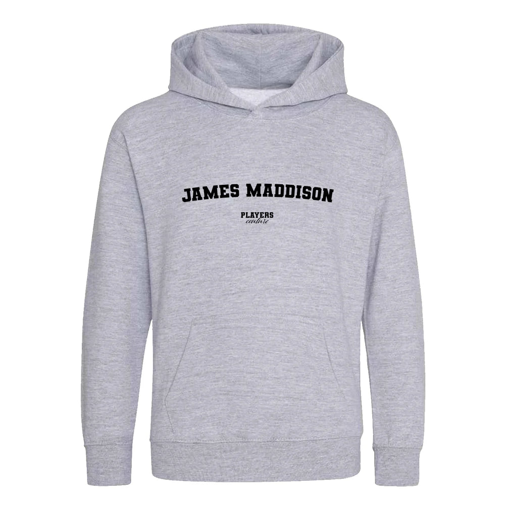 James Maddison hoodie – grey kids' hoodie with black James Maddison letters and Players Couture logo on the chest