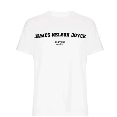 James Nelson Joyce t-shirt – white men's t-shirt with black James Nelson Joyce letters and Players Couture logo on the chest