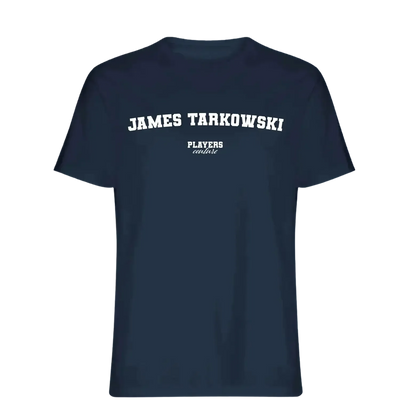 James Tarkowski t-shirt – navy men's t-shirt with white James Tarkowski letters and Players Couture logo on the chest