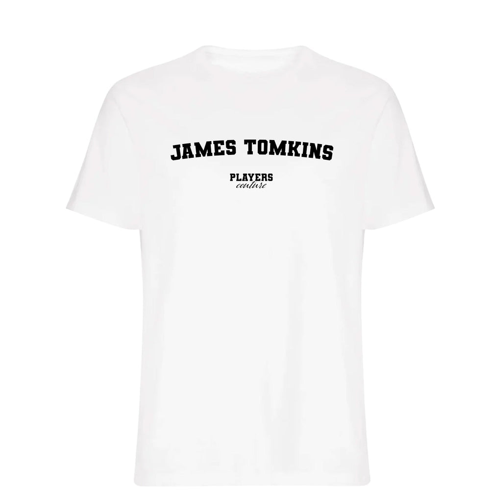James Tomkins men's T-shirt in white with bold name lettering