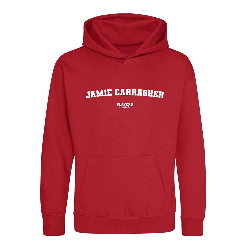 Jamie Carragher hoodie – red kids' hoodie with white Jamie Carragher letters and Players Couture logo on the chest