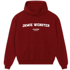 Jamie Webster hoodie – red men's hoodie with white Jamie Webster letters and Players Couture logo on the chest