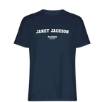 Janet Jackson t-shirt – navy men's t-shirt with white Janet Jackson letters and Players Couture logo on the chest