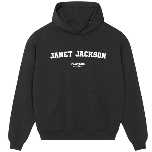 Janet Jackson hoodie – black men's hoodie with white Janet Jackson letters and Players Couture logo on the chest