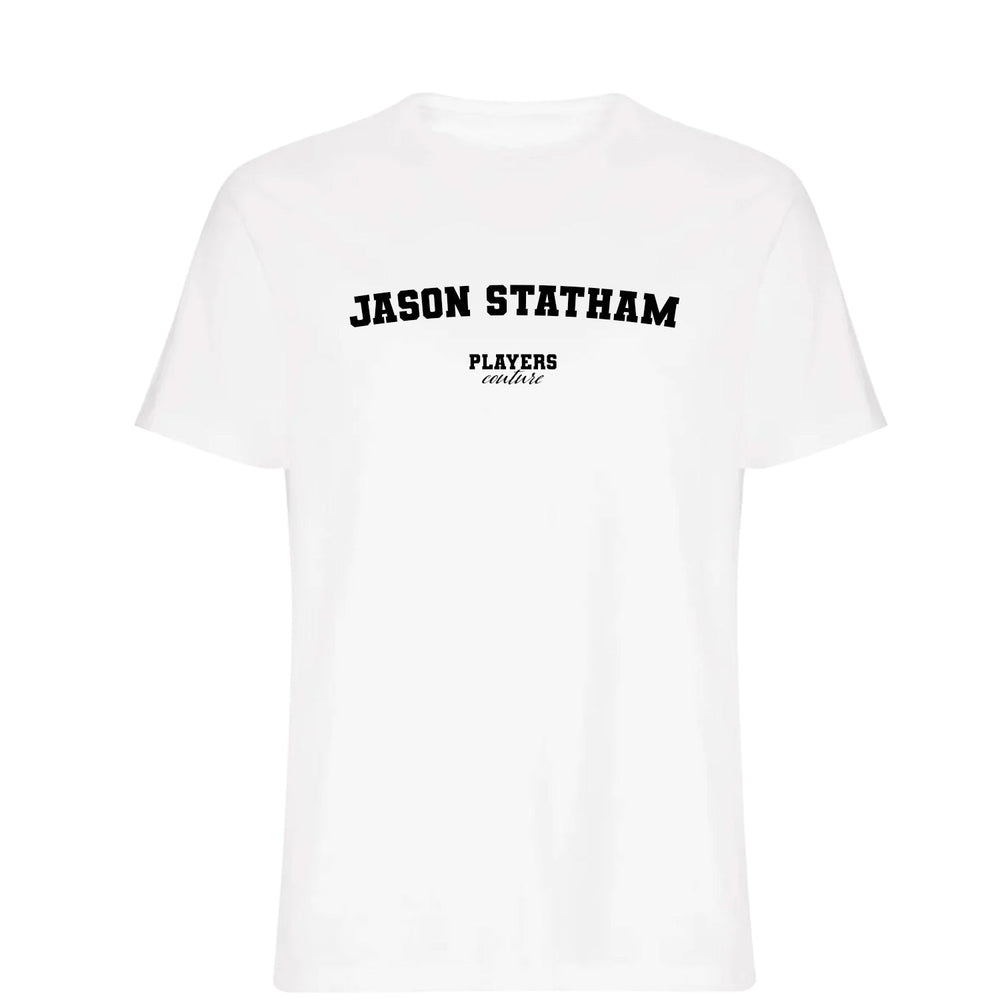 Jason Statham men's T-shirt in white with bold name lettering