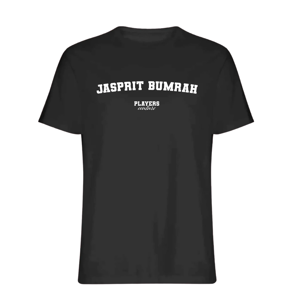 Jasprit Bumrah t-shirt – black men's t-shirt with white Jasprit Bumrah letters and Players Couture logo on the chest