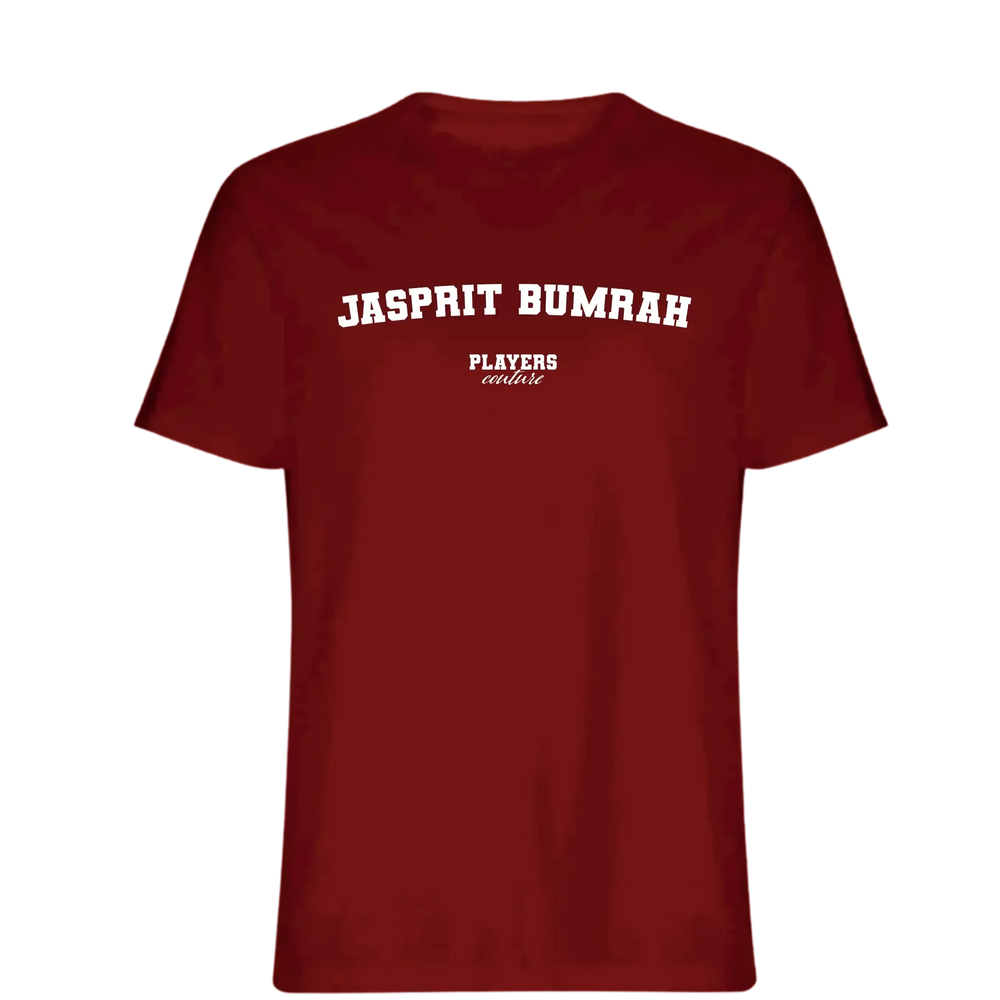 Jasprit Bumrah t-shirt – red men's t-shirt with white Jasprit Bumrah letters and Players Couture logo on the chest