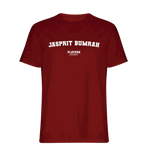 Jasprit Bumrah t-shirt – red men's t-shirt with white Jasprit Bumrah letters and Players Couture logo on the chest