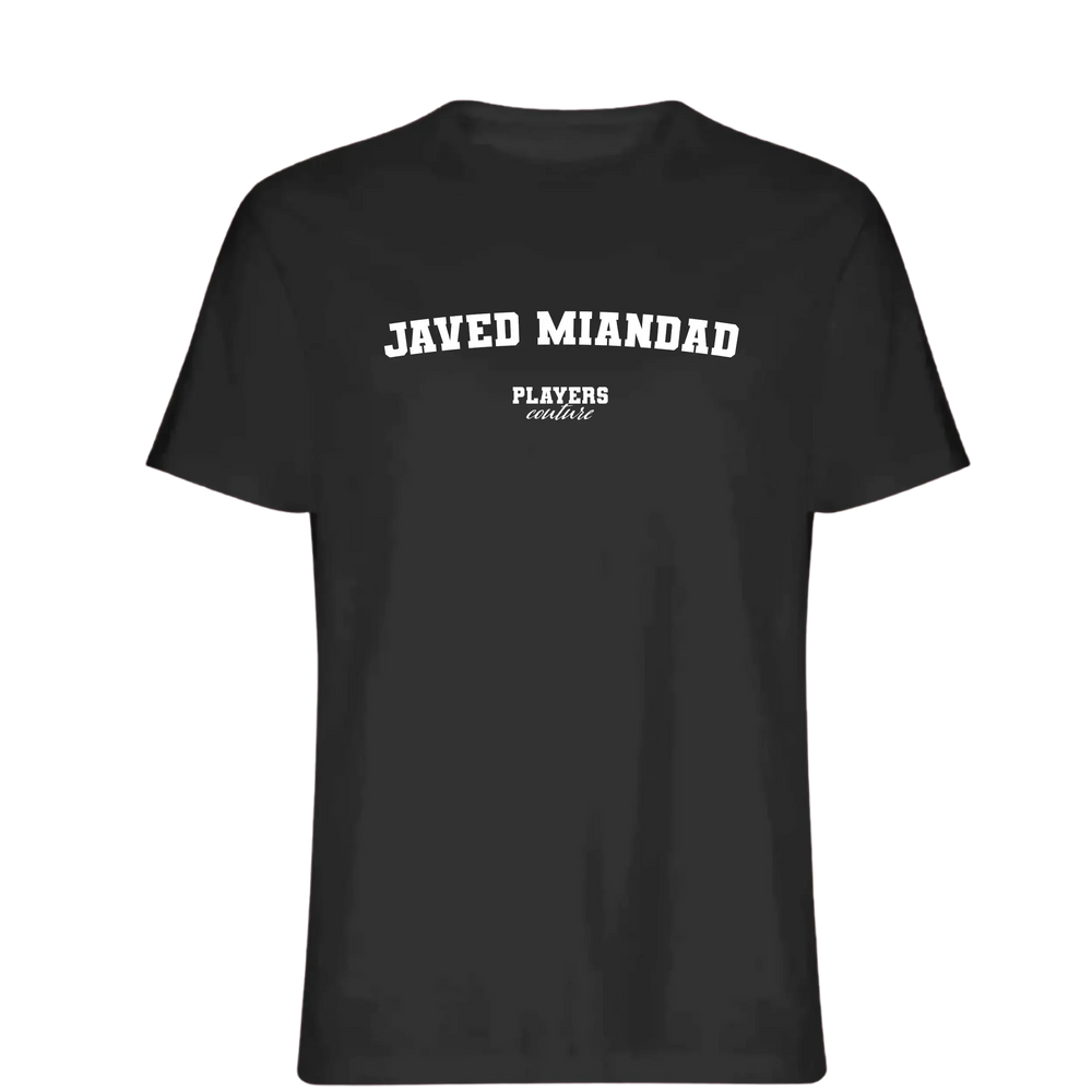 Javed Miandad t-shirt – black men's t-shirt with white Javed Miandad letters and Players Couture logo on the chest