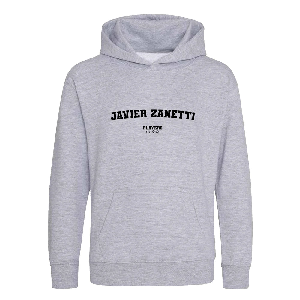 Javier Zanetti hoodie – grey kids' hoodie with black Javier Zanetti letters and Players Couture logo on the chest