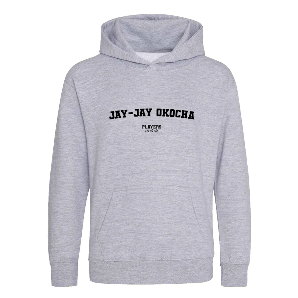 Jay Jay Okocha hoodie – grey kids' hoodie with black Jay Jay Okocha letters and Players Couture logo on the chest