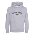 Jay Jay Okocha hoodie – grey kids' hoodie with black Jay Jay Okocha letters and Players Couture logo on the chest
