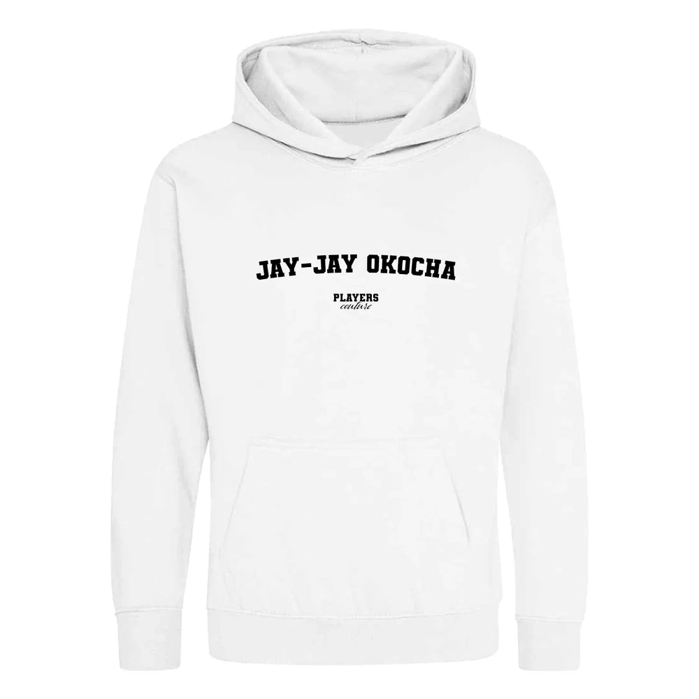 Jay Jay Okocha hoodie – white kids' hoodie with black Jay Jay Okocha letters and Players Couture logo on the chest