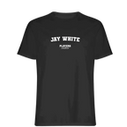 Jay White t-shirt – white men's t-shirt with black Jay White letters and Players Couture logo on the chest