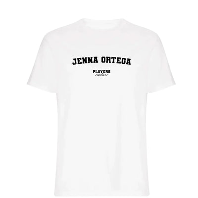 Jenna Ortega t-shirt – white men's t-shirt with black Jenna Ortega letters and Players Couture logo on the chest