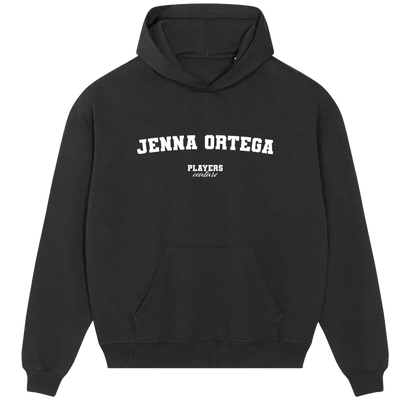Jenna Ortega hoodie – black men's hoodie with white Jenna Ortega letters and Players Couture logo on the chest