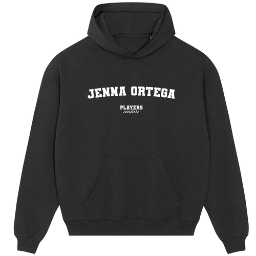 Jenna Ortega hoodie – black men's hoodie with white Jenna Ortega letters and Players Couture logo on the chest