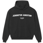 Jennifer Aniston hoodie – black men's hoodie with white Jennifer Aniston letters and Players Couture logo on the chest