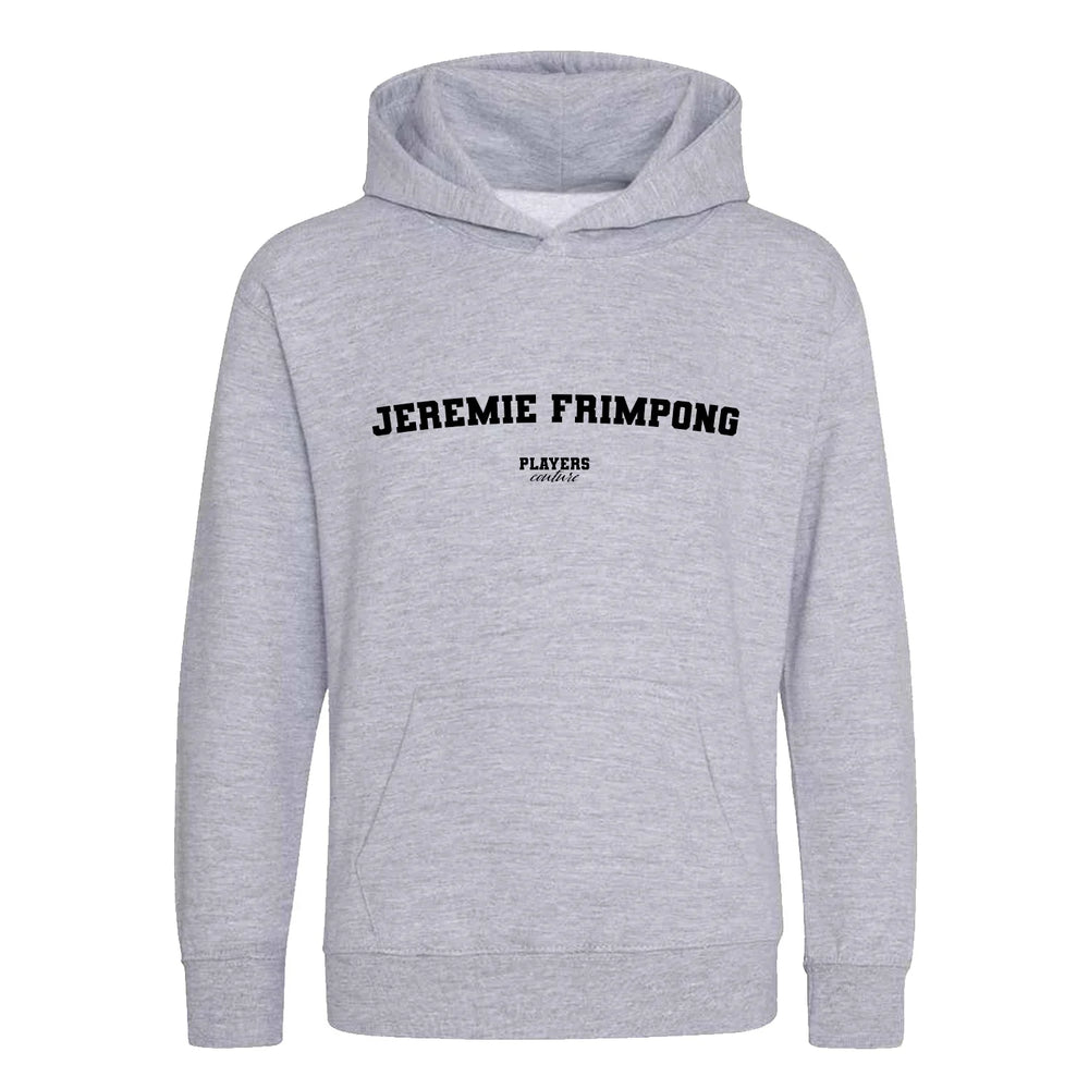 Jeremie Frimpong hoodie – grey kids' hoodie with black Jeremie Frimpong letters and Players Couture logo on the chest