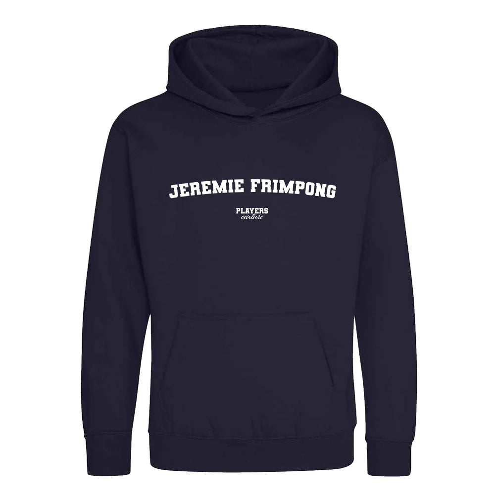 Jeremie Frimpong hoodie – navy kids' hoodie with white Jeremie Frimpong letters and Players Couture logo on the chest