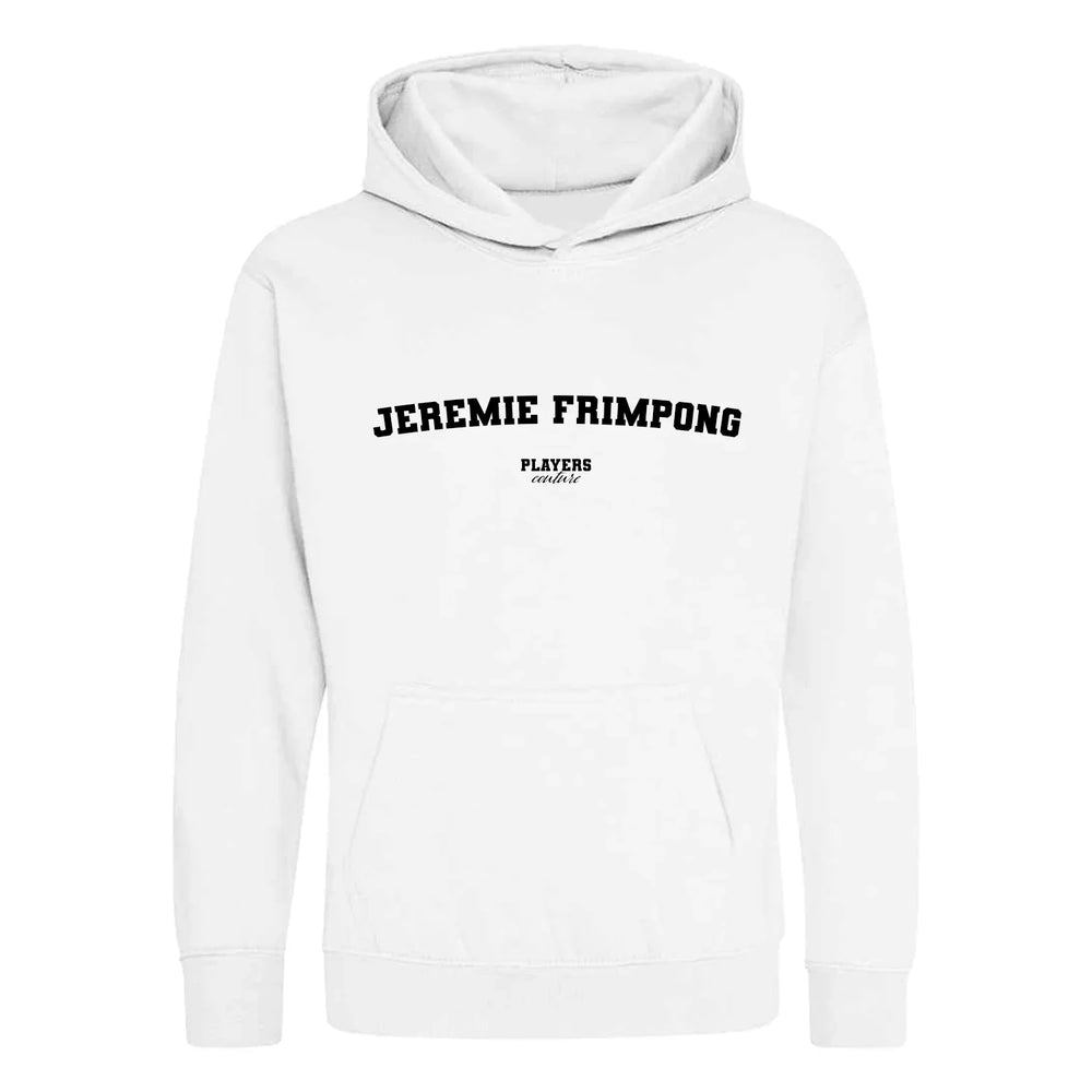 Jeremie Frimpong hoodie – white kids' hoodie with black Jeremie Frimpong letters and Players Couture logo on the chest