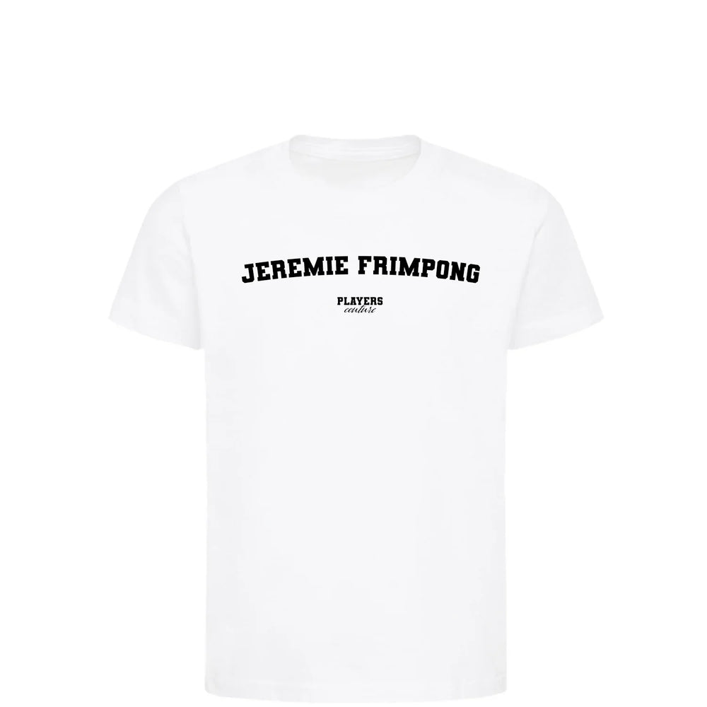 Jeremie Frimpong t-shirt – white kids' t-shirt with black Jeremie Frimpong letters and Players Couture logo on the chest