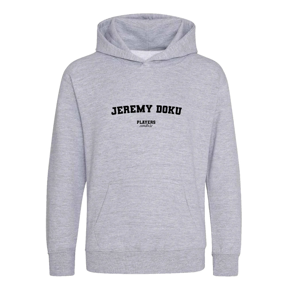 Jeremy Doku hoodie – grey kids' hoodie with black Jeremy Doku letters and Players Couture logo on the chest