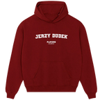 Jerzy Dudek hoodie – red men's hoodie with white Jerzy Dudek letters and Players Couture logo on the chest