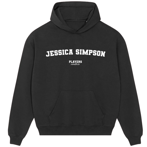 Jessica Simpson hoodie – black men's hoodie with white Jessica Simpson letters and Players Couture logo on the chest