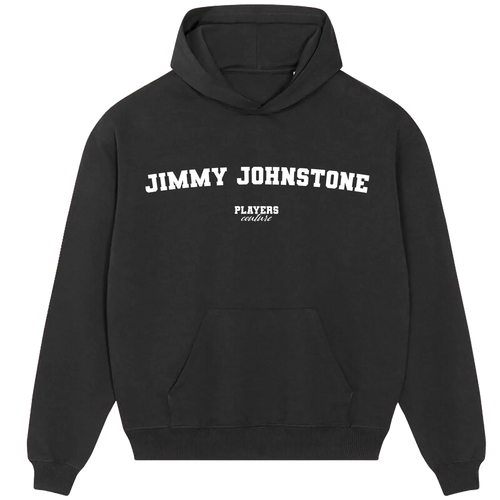 Jimmy Johnstone hoodie – black men's hoodie with white Jimmy Johnstone letters and Players Couture logo on the chest