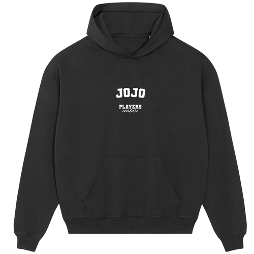 JoJo hoodie – black men's hoodie with white JoJo letters and Players Couture logo on the chest