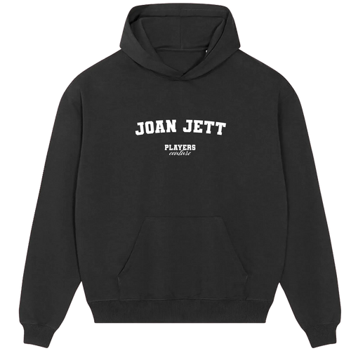 Joan Jett hoodie – black men's hoodie with white Joan Jett letters and Players Couture logo on the chest