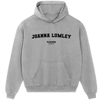 Joanna Lumley hoodie – grey men's hoodie with black Joanna Lumley letters and Players Couture logo on the chest