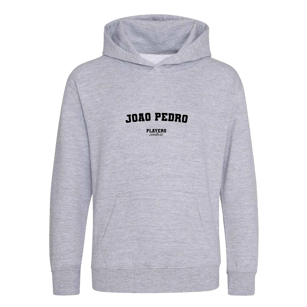 Joao Pedro hoodie – grey kids' hoodie with black Joao Pedro letters and Players Couture logo on the chest