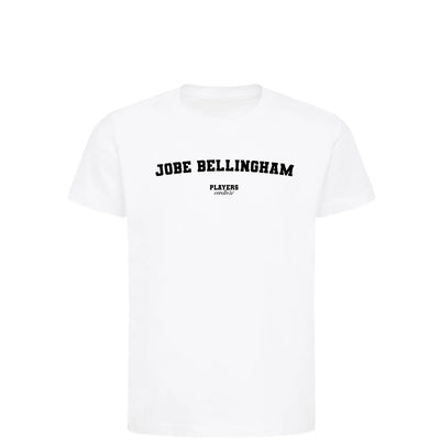 Jobe Bellingham t-shirt – white kids' t-shirt with black Jobe Bellingham letters and Players Couture logo on the chest