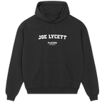 Joe Lycett hoodie – black men's hoodie with white Joe Lycett letters and Players Couture logo on the chest