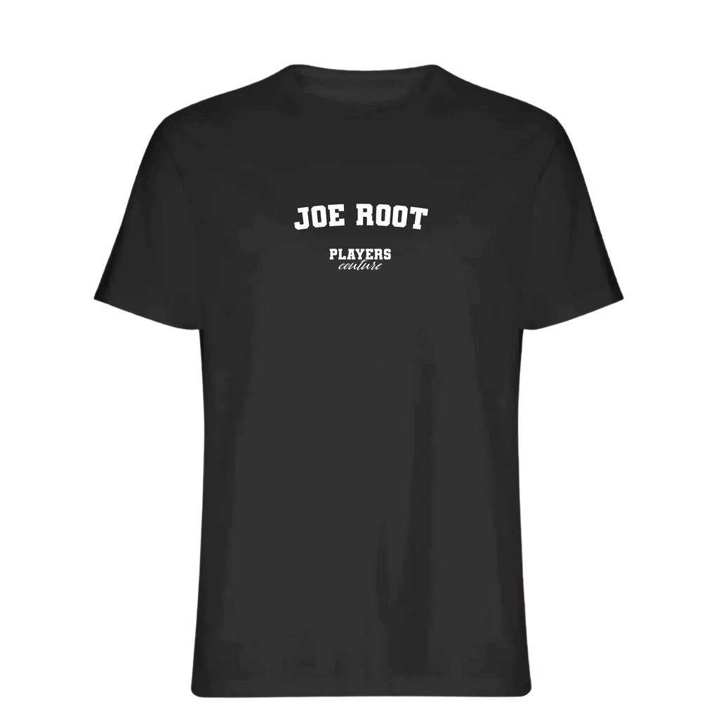 Joe Root t-shirt – black men's t-shirt with white Joe Root letters and Players Couture logo on the chest
