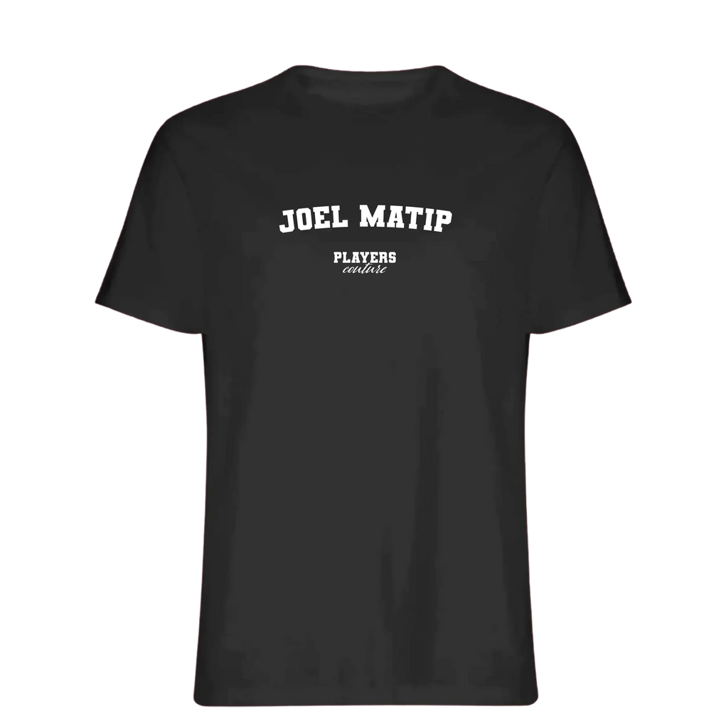 Joel Matip t-shirt – black men's t-shirt with white Joel Matip letters and Players Couture logo on the chest