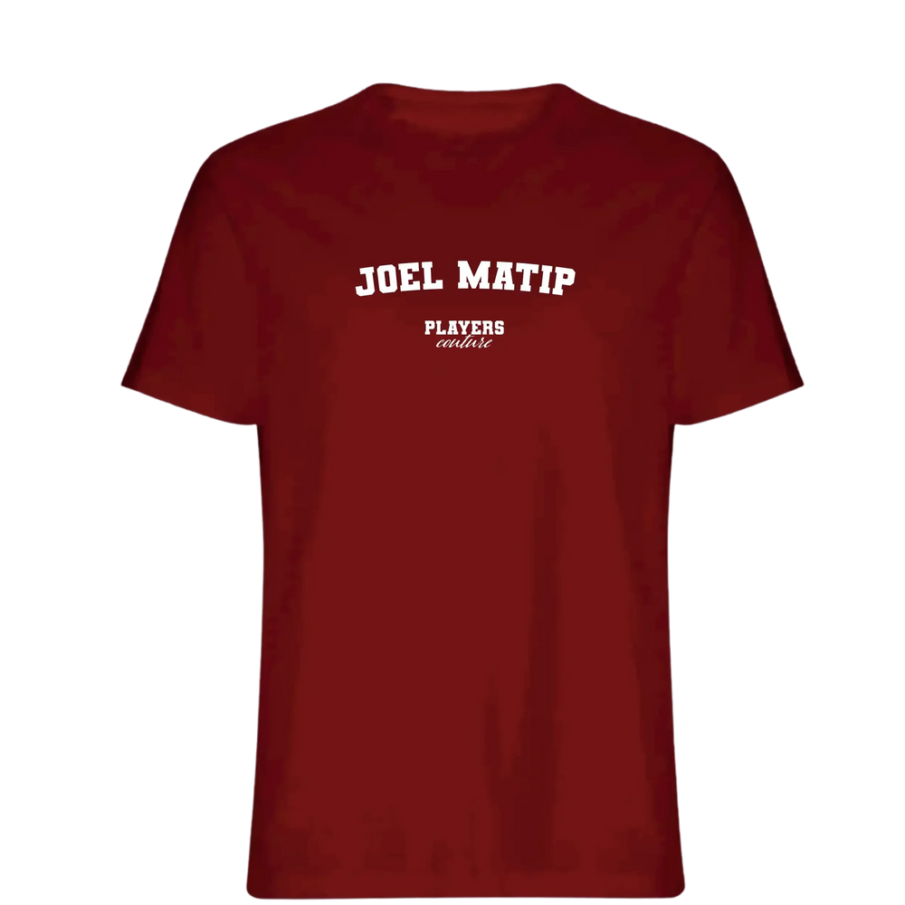 Joel Matip t-shirt – red men's t-shirt with white Joel Matip letters and Players Couture logo on the chest