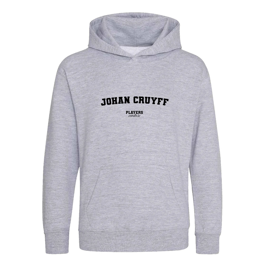 Johan Cruyff hoodie – grey kids' hoodie with black Johan Cruyff letters and Players Couture logo on the chest